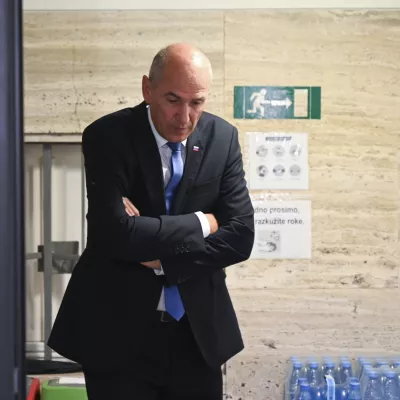 Janez Jan&scaron;a09.06.2024 - Evropske volitve 2024 - Volitve poslancev v Evropski parlament - sedež stranke SDS (Slovenska demokrtska stranka) //FOTO: Nik Erik Neubauer