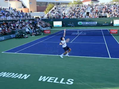 Mar 8, 2022; Indian Wells, CA, USA; Vasek Pospisil (CAN) celebrates a point as he defeated Egor Gerasimov (BEL) in their first round match at the BNP Paribas Open at Indian Wells Tennis Garden. Mandatory Credit: Jayne Kamin-Oncea-USA TODAY Sports
