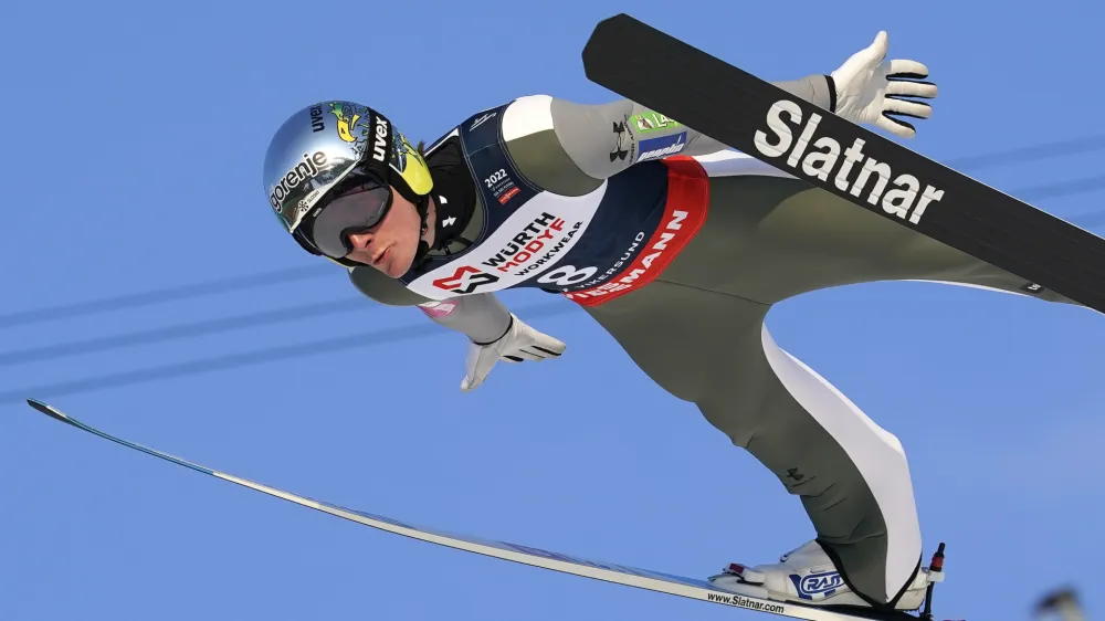 Slovenia's Domen Prevc in action during the Ski Jumping World Cup in Vikersund, Norway, Friday, March 11, 2022. (Terje Bendiksby/NTB via AP)