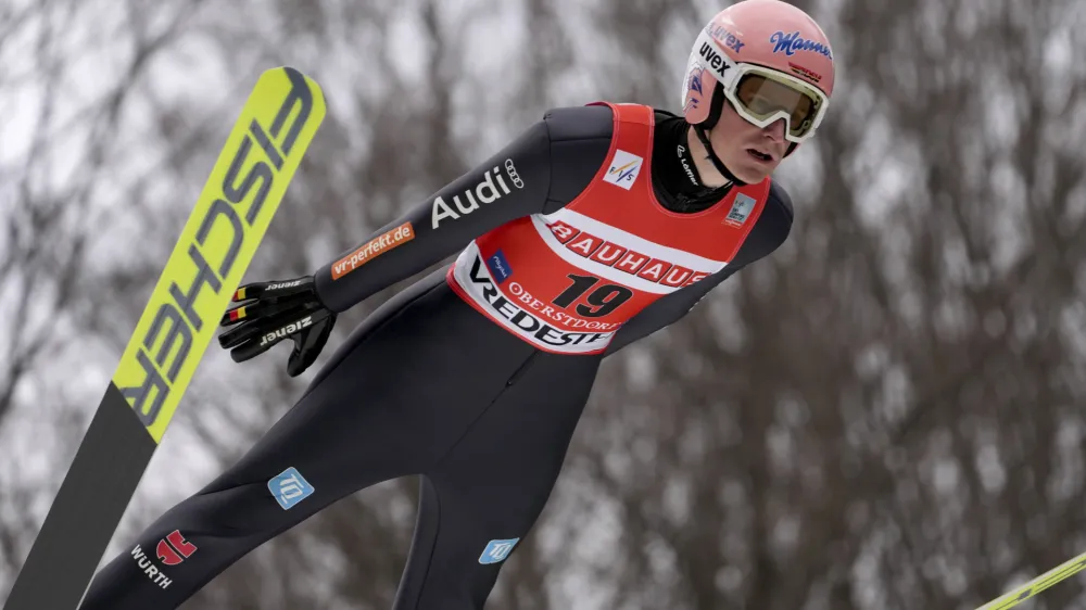 Germany's Severin Freund competes during trial round of the FIS Ski Flying World Cup in Oberstdorf, Germany, Saturday, March 19, 2022. (AP Photo/Matthias Schrader)