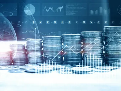 Stack of money coin with trading graph for finance investor. Cryptocurrency digital economy. Financial investment background concept. 3d rendering