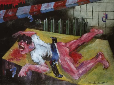 Marjan Skumavc: Miza, 1994, olje na platnu Foto: Izidor Kotnik