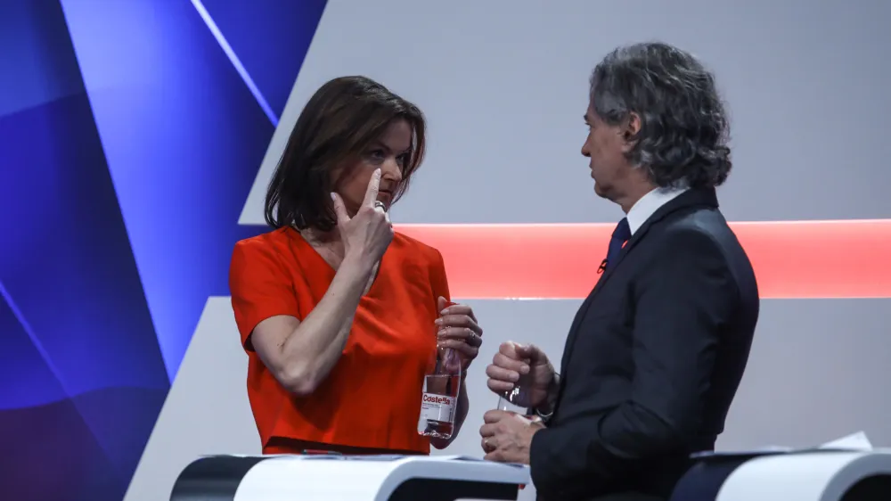 predsednica SD Tanja Fajon predsednik Gibanje Svoboda dr. Robert Golob- 28.03.2022 &ndash; Parlamentarne volitve 2022 &ndash; televizijsko soočenje predsednikov parlamentarnih strank na POP TV //FOTO: Luka Cjuha