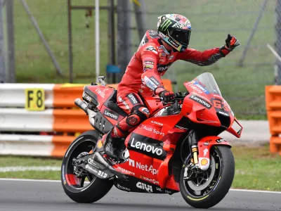 MotoGP - San Marino Grand Prix - Misano World Circuit Marco Simoncelli, Misano, Italy - September 19, 2021 Ducati Lenovo Team's Francesco Bagnaia celebrates winning the race REUTERS/Jennifer Lorenzini