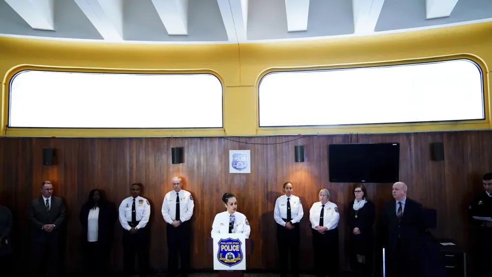 Philadelphia Police Commissioner Danielle Outlaw speaks with members of the media during a news conference in Philadelphia, Tuesday, March 8, 2022. Outlaw announced she plans to suspend and fire the plainclothes officer who fired the fatal shot that killed a fleeing 12-year-old Thomas Siderio Jr. last week. (AP Photo/Matt Rourke)