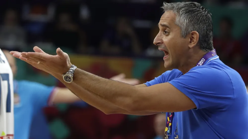 Slovenia's coach Igor Kokoskov gestures during the Eurobasket European Basketball Championship final match against Serbia in Istanbul, Sunday, Sept. 17. 2017. (AP Photo/Thanassis Stavrakis)