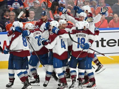 Jun 6, 2022; Edmonton, Alberta, CAN; The Colorado Avalanche celebrate forward Artturi Lehkonen (62) winning goal during overtime in game four of the Western Conference Final of the 2022 Stanley Cup Playoffs at Rogers Place. Mandatory Credit: Walter Tychnowicz-USA TODAY Sports