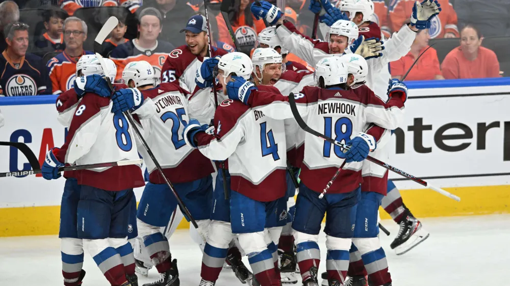 Jun 6, 2022; Edmonton, Alberta, CAN; The Colorado Avalanche celebrate forward Artturi Lehkonen (62) winning goal during overtime in game four of the Western Conference Final of the 2022 Stanley Cup Playoffs at Rogers Place. Mandatory Credit: Walter Tychnowicz-USA TODAY Sports