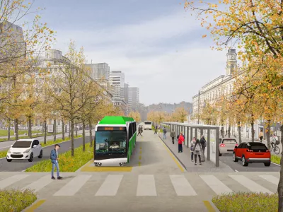 Prestopna postaja pred železni&scaron;ko postajo, kot so si jo zamislili avtorji koncepta ZMAJ. Po Masarykovi cesti so potegnili eno od zmogljivih linij, po kateri bi avtobusi vozili v manj kot petminutnih intervalih.