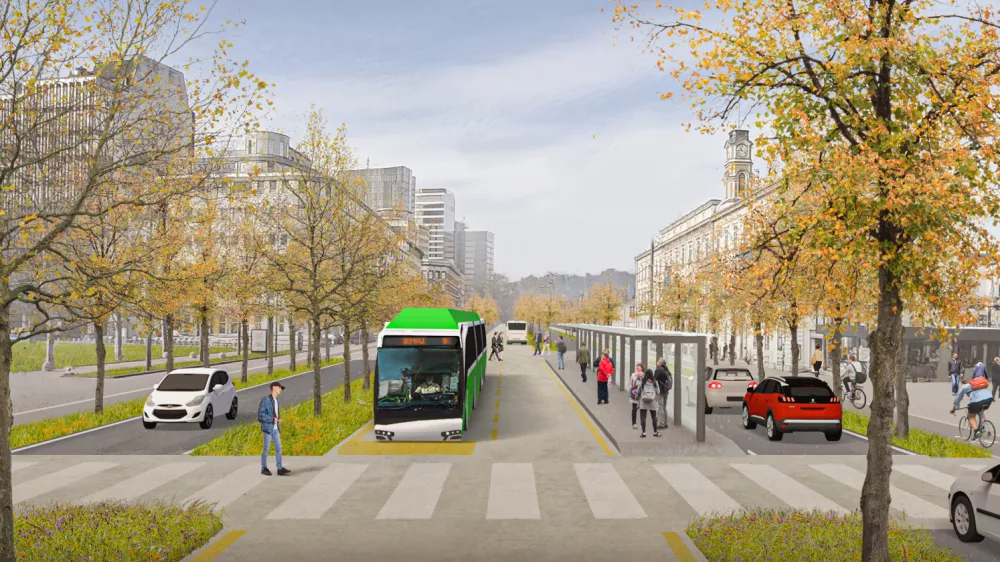 Prestopna postaja pred železni&scaron;ko postajo, kot so si jo zamislili avtorji koncepta ZMAJ. Po Masarykovi cesti so potegnili eno od zmogljivih linij, po kateri bi avtobusi vozili v manj kot petminutnih intervalih.