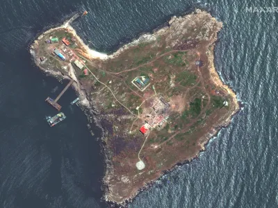This satellite image provided by Maxar Technologies shows an overview of Snake Island in the Black Sea Thursday, May 12, 2022. (Satellite image &copy;2022 Maxar Technologies via AP)
