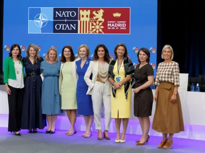 Canadian Foreign Minister Melanie Joly, British Foreign Secretary Liz Truss, European Parliament member Tanja Fajon, Norwegian Foreign Minister Anniken Huitfeldt, Sweden's Foreign Minister Ann Linde, Iceland's Foreign Minister Thordis Kolbrun Reykfjord Gylfadottir, German Foreign Minister Annalena Baerbock, Slovakia's President Zuzana Caputova and Belgium's Defence Minister Ludivine Dedonder, pose as they attend a roundtable discussion of Women Foreign and Defence Ministers from Allied countries, during a NATO summit in Madrid, Spain June 29, 2022. REUTERS/Yves Herman
