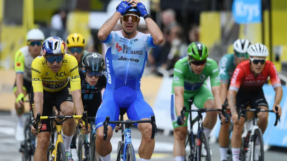 Cycling - Tour de France - Stage 3 - Vejle to Sonderborg - Denmark - July 3, 2022 Team Bikeexchange-Jayco's Dylan Groenewegen celebrates winning stage 3 REUTERS/Annegret Hilse