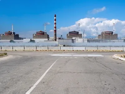 In this handout photo taken from video and released by Russian Defense Ministry Press Service on Sunday, Aug. 7, 2022, a general view of the Zaporizhzhia Nuclear Power Station in territory under Russian military control, southeastern Ukraine. The Russian military said that Ukrainian shelling of the Zaporizhzhia nuclear plant on Sunday caused a power surge and fire and forced staff to lower output from two reactors. (Russian Defense Ministry Press Service via AP)