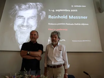 alpinist Reinhold Messner, alpinist Viki Gro&scaron;elj - 01.09.2022 - novinarska konferenca Cankarjevega doma pred začetkom festivala Zadnja odprava alpinista Reinholda Messnerja//FOTO: Tomaž Skale