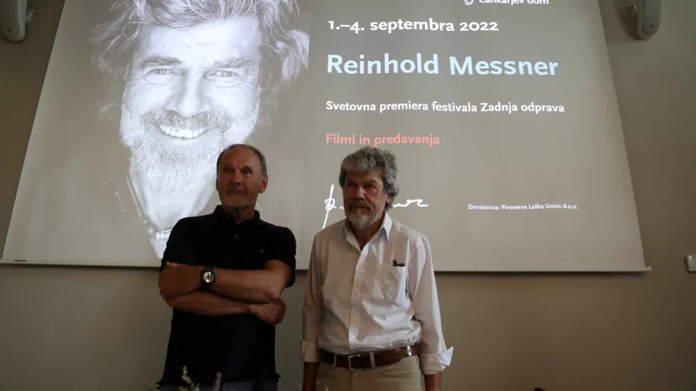 alpinist Reinhold Messner, alpinist Viki Gro&scaron;elj - 01.09.2022 - novinarska konferenca Cankarjevega doma pred začetkom festivala Zadnja odprava alpinista Reinholda Messnerja//FOTO: Tomaž Skale