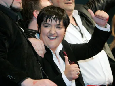 Marija Serifovic of Serbia celebrates after winning the Eurovision Song Contest 2007 in Helsinki May 13, 2007. Serbia won the Eurovision Song Contest on Saturday with Marija Serifovic beating 23 competitors to clinch victory in a three-hour televised mishmash of power ballads, ethnic rhythms, and bubble-gum pop. REUTERS/Jussi Nukari/Lehtikuva (FINLAND) FINLAND OUT. NO THIRD PARTY SALES. NOT FOR USE BY REUTERS THIRD PARTY DISTRIBUTORS.