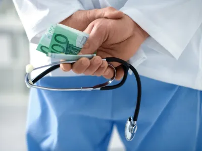 Corrupt doctor in hospital with stethoscope