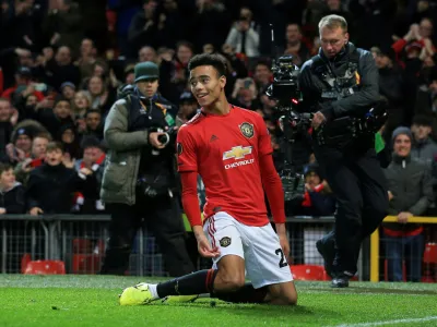 FILE PHOTO: Soccer Football - Europa League - Group L - Manchester United v AZ Alkmaar - Old Trafford, Manchester, Britain - December 12, 2019 Manchester United's Mason Greenwood celebrates scoring their second goal  REUTERS/Jon Super/File Photo