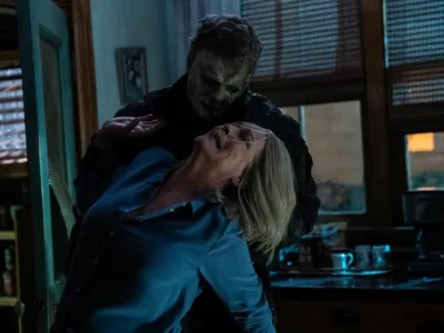 Michael Myers (aka The Shape) and Jamie Lee Curtis as Laurie Strode in HALLOWEEN ENDS, directed by David Gordon Green