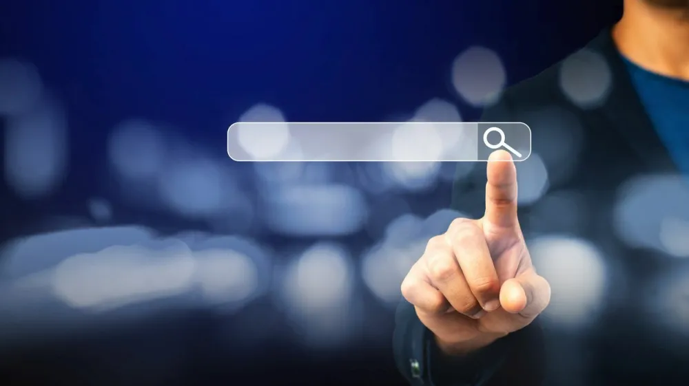 Searching Browsing Internet Data Information Networking Concept,Business man clicking internet search page on computer touch screen,copy space.