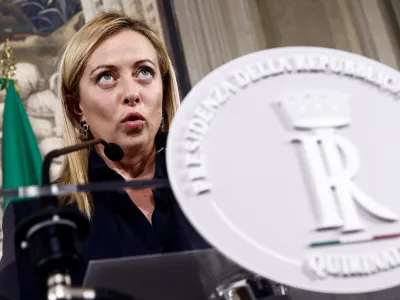 Italy's newly appointed Prime Minister Giorgia Meloni speaks to the media following a meeting with Italian President Sergio Mattarella at the Quirinale Palace in Rome, Italy October 21, 2022. REUTERS/Guglielmo Mangiapane