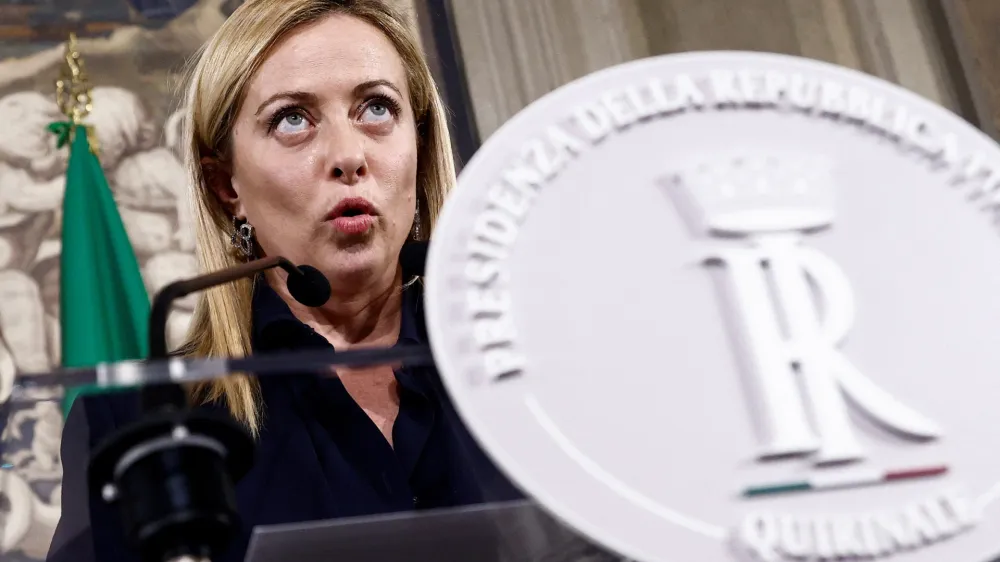 Italy's newly appointed Prime Minister Giorgia Meloni speaks to the media following a meeting with Italian President Sergio Mattarella at the Quirinale Palace in Rome, Italy October 21, 2022. REUTERS/Guglielmo Mangiapane