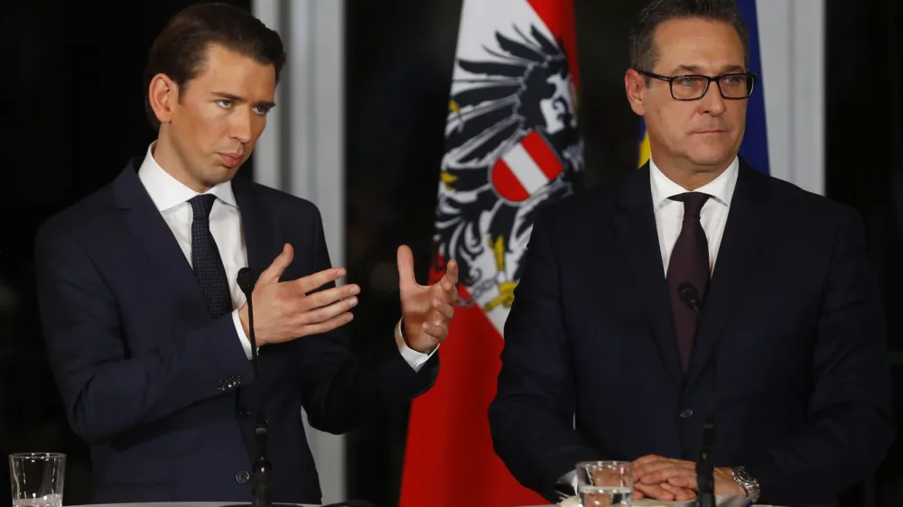 Head of the People's Party (OeVP) Sebastian Kurz (L) and head of the Freedom Party (FPOe) Heinz-Christian Strache address a news conference in Vienna, Austria, December 16, 2017. REUTERS/Leonhard Foeger
