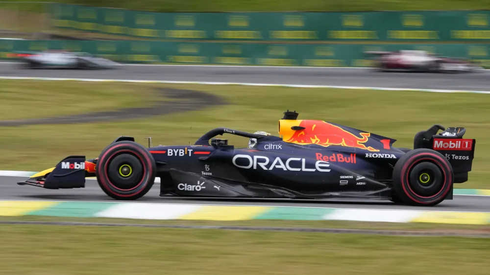 Red Bull driver Max Verstappen of the Netherlands steers his car during a qualifying session for the Brazilian Formula One Grand Prix at the Interlagos race track in Sao Paulo, Brazil, Friday, Nov. 11, 2022. (AP Photo/Andre Penner)