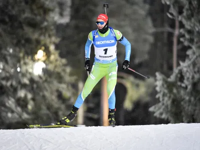 Slovenia's Jakov Fak competes during a men's 10km sprint race at the IBU World Cup biathlon season opening at Oestersund Ski Stadium in Oestersund, northern Sweden, Sunday, Nov. 28, 2021. (Anders Wiklund/TT via AP)