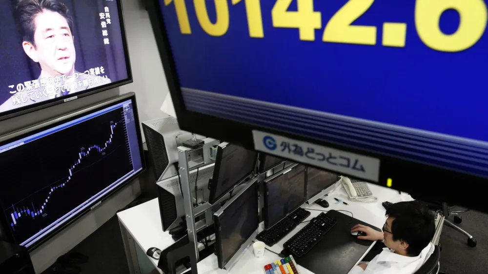 An employee of a foreign exchange trading company looks at monitors under an electronic board displaying the Nikkei share average as a television set shows Japan's incoming Prime Minister and the leader of Liberal Democratic Party (LDP) Shinzo Abe speaking in Tokyo December 26, 2012. The yen fell to a 20-month low against the dollar on Wednesday, buoying the benchmark Nikkei stock average, as Japan ushers in a new prime minister eager to pursue drastic stimulus steps to drive the country's economy out of deflation. REUTERS/Yuriko Nakao (JAPAN - Tags: POLITICS BUSINESS EMPLOYMENT)