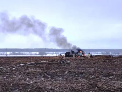 In this image made from video provided by the Russian Emergency Situations Ministry press service on Tuesday, Dec. 20, 2022, firefighters work at the site of gas explosion, near the village of Yambakhtino, some 50km (31miles) south of Cheboksary, Chuvashia region, Russia. An explosion on a section of Europe-bound natural gas pipeline in western Russia has killed three people but hasn't affected export supplies, officials said. The explosion ripped through a section of the Urengoy-Pomary-Uzhhorod pipeline in the Chuvashia region during repair works on Tuesday. (Ministry of Emergency Situations press service via AP)