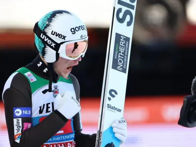 Ski Jumping - Four Hills Tournament - Garmisch-Partenkirchen, Germany - January 1, 2023 Slovenia's Anze Lanisek reacts after the men's HS142 REUTERS/Lisi Niesner