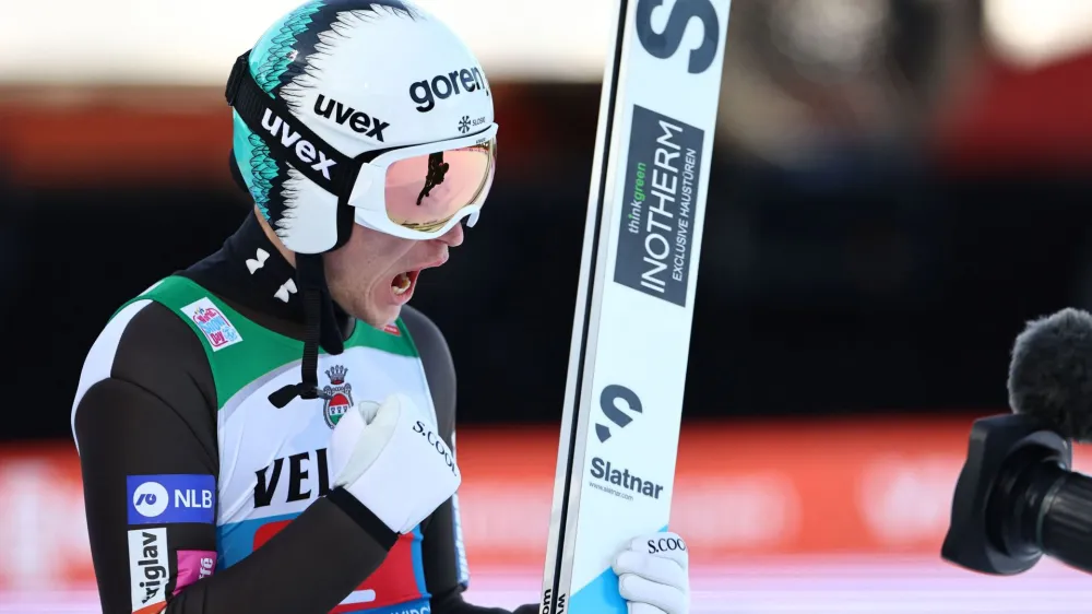 Ski Jumping - Four Hills Tournament - Garmisch-Partenkirchen, Germany - January 1, 2023 Slovenia's Anze Lanisek reacts after the men's HS142 REUTERS/Lisi Niesner