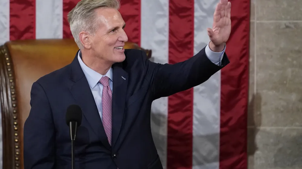 House Speaker Kevin McCarthy of Calif., reacts after being sworn in on the House floor at the U.S. Capitol in Washington, early Saturday, Jan. 7, 2023. (AP Photo/Andrew Harnik)
