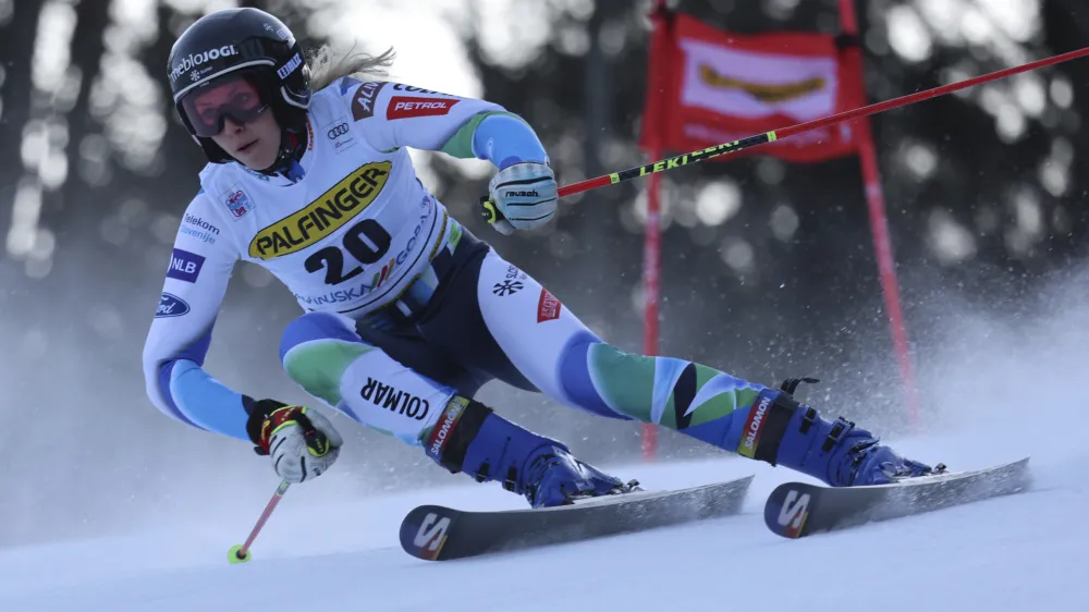 Slovenia's Ana Bucik speeds down the course during an alpine ski, women's World Cup giant slalom race, in Kranjska Gora, Slovenia, Saturday, Jan. 7, 2023. (AP Photo/Marco Trovati)