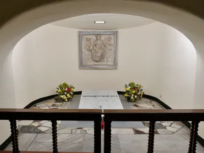 The tombstone of former Pope Benedict XVI is seen in The Holy Grotto of the Vatican, January 8, 2023. Vatican Media/&shy;Handout via REUTERS  ATTENTION EDITORS - THIS IMAGE WAS PROVIDED BY A THIRD PARTY.