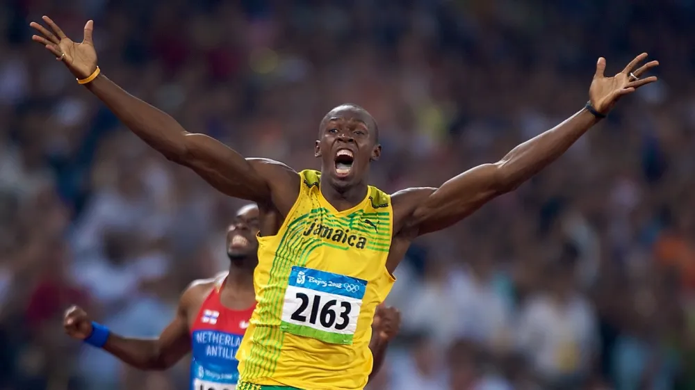 72177 Vincent Laforet / Polaris / Starface 2008-08-20 <br>P&eacute;kin Chine<br> Retro 2008: Jeux Olympiques de P&eacute;kin. Athl&eacute;tisme. Usain Bolt (Jamaďque).<br>Sprinter Usain Bolt of Jamaica sets a new world record, and clinches his second gold medal, in the Men's 200M final.