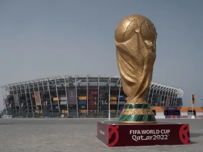 A picture shows Stadium 974, a venue of FIFA World Cup in Doha on Nov. 9, 2022. It is a temporary stadium made of 974 shipping containers. The number, 974 is the international code for calling Qatar and containers will be reused after the World Cup. (The Yomiuri Shimbun via AP Images)