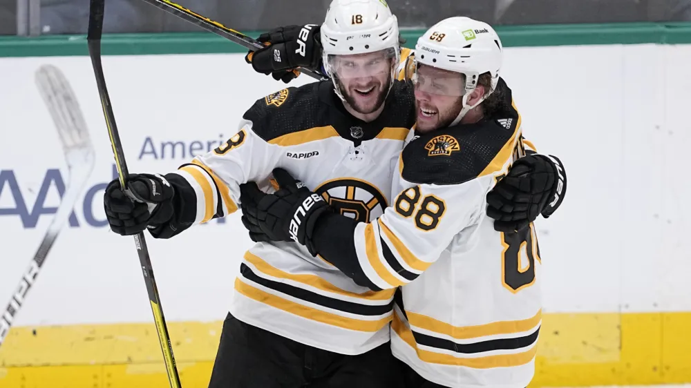Boston Bruins' Pavel Zacha (18) and David Pastrnak (88) celebrate after Zacha scored in the third period of an NHL hockey game against the Dallas Stars, Tuesday, Feb. 14, 2023, in Dallas. (AP Photo/Tony Gutierrez)
