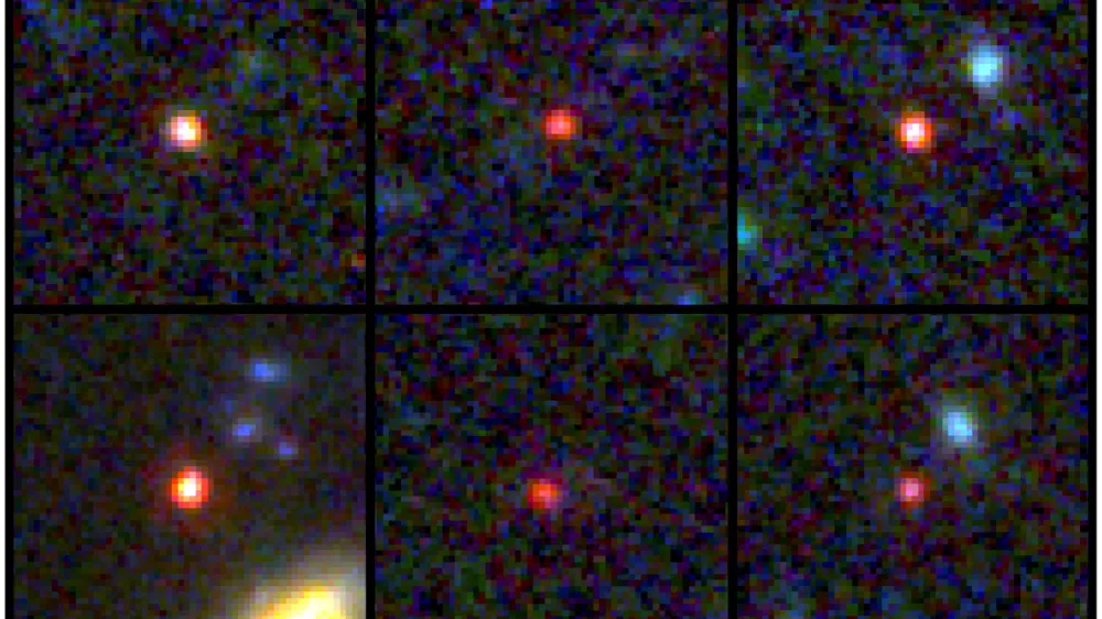 Images of six candidate massive galaxies, seen 540 million to 770 million years after the Big Bang, are shown in this undated handout image based on observations by NASA's James Webb Space Telescope, as one of them (bottom left) could contain as many stars as our present-day Milky Way, but is 30 times more compact. NASA, ESA, CSA, I. Labbe (Swinburne University of Technology)/Handout via REUTERS  THIS IMAGE HAS BEEN SUPPLIED BY A THIRD PARTY. MANDATORY CREDIT