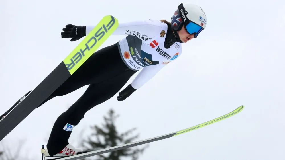Nordic Skiing - FIS Nordic World Ski Championships - Planica, Slovenia - February 24, 2023 Norway's Gyda Westvold Hansen in action during the Women's HS102 - Competition Round REUTERS/Borut Zivulovic