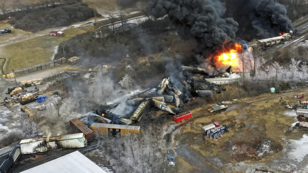 FILE - In this photo taken with a drone, portions of a Norfolk Southern freight train that derailed the previous night in East Palestine, Ohio, remain on fire at mid-day on Feb. 4, 2023. Transportation Secretary Pete Buttigieg announced a package of reforms to improve safety Tuesday, Feb. 21 &mdash; two days after he warned the railroad responsible for the derailment, Norfolk Southern, to fulfill its promises to clean up the mess just outside East Palestine, and help the town recover. (AP Photo/Gene J. Puskar, File)