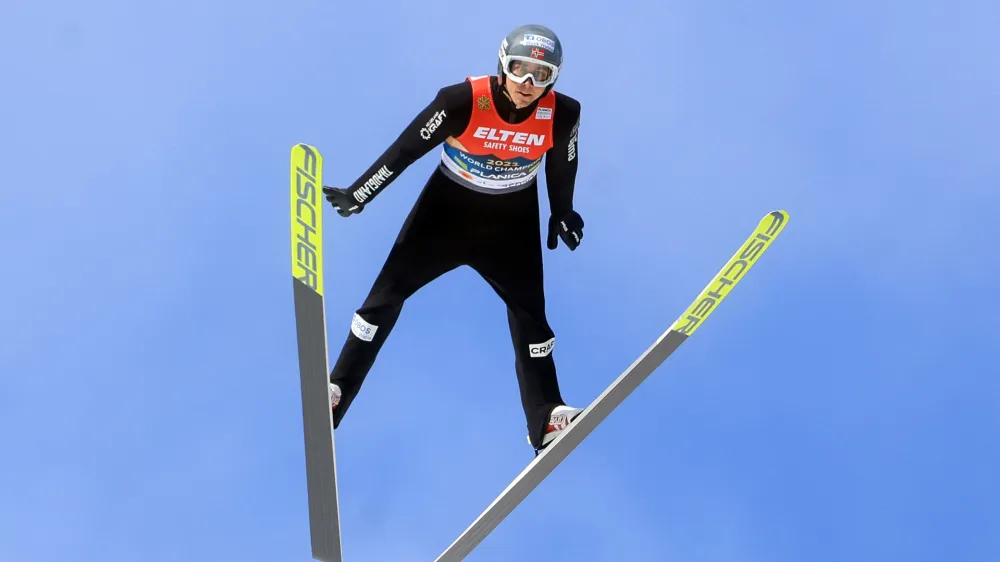 Nordic Skiing - FIS Nordic World Ski Championships - Planica, Slovenia - February 25, 2023 Norway's Jarl Magnus Riiber in action during the men's HS102 - trial round REUTERS/Borut Zivulovic