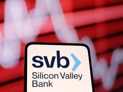 SVB (Silicon Valley Bank) logo and decreasing stock graph are seen in this illustration taken March 10, 2023. REUTERS/Dado Ruvic/Illustration