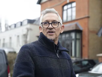 FILE - Match Of The Day host Gary Lineker outside his home in London, Sunday March 12, 2023. Lineker will return to airwaves after the BBC reversed the former soccer great's suspension on Monday, March 13, 2023 following a post on Twitter that had criticized the British government's new asylum policy. (Lucy North/PA via AP, File)