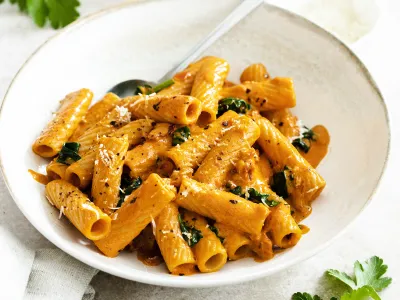 Makaroni v svilnati paradižnikovi omaki z vodko in &scaron;pinačo