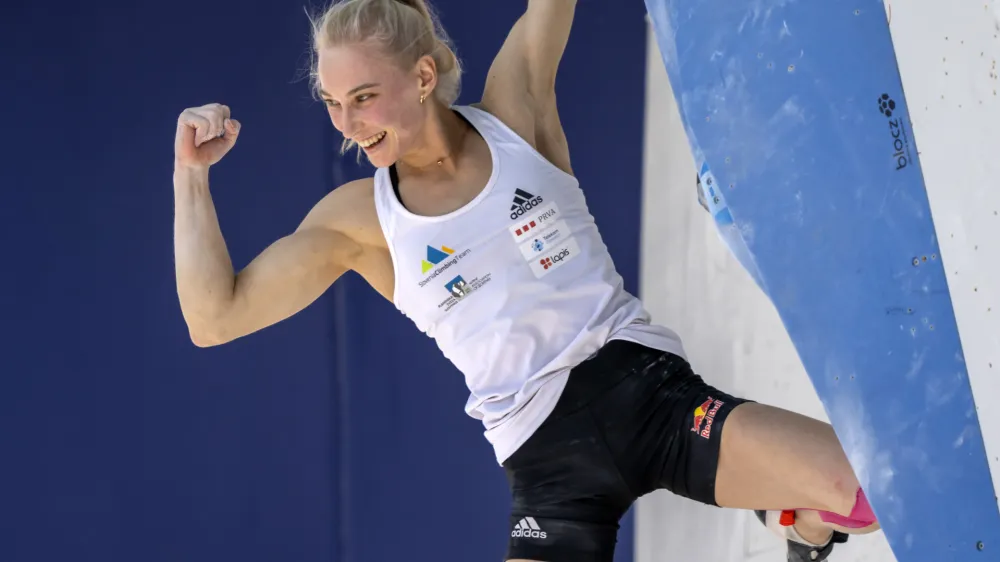 Slovenia's Janja Garnbret cheers during the women's boulder semifinal of the European Sport Climbing Championships in Munich, Germany, Sunday, Aug. 14, 2022. (Georgios Kefalas/Keystone via AP)