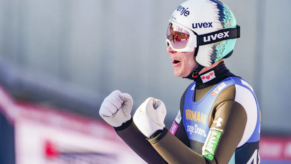 Anze Lanisek from Slovenia after his second jump during ski jumping RAW AIR HS 124 during the Holmenkollen Ski Festival, Oslo, Norway, Saturday March 11, 2023. (Terje Bendiksby/NTB via AP)