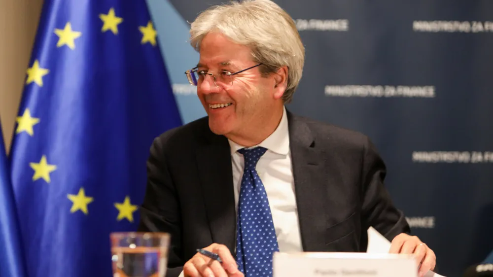 Evropski komisar za gospodarstvo Paolo Gentiloni - 08.03.2023 &ndash; obisk evropskega komisarja za gospodarstvo Paola Gentilonija v Sloveniji &ndash; novinarska konferenca evropskega komisarja in ministra za finance Klemna Bo&scaron;tjančiča //FOTO: Bojan Velikonja